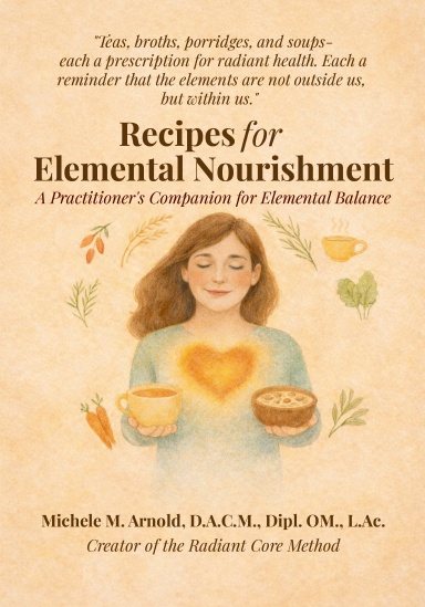 a girl with healthy foods, herbs, tea, and broth around her